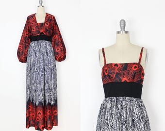 vintage 70s print dress set / 1970s peacock dress / feather print dress / black red print dress / dress  top set / balloon sleeve crop top