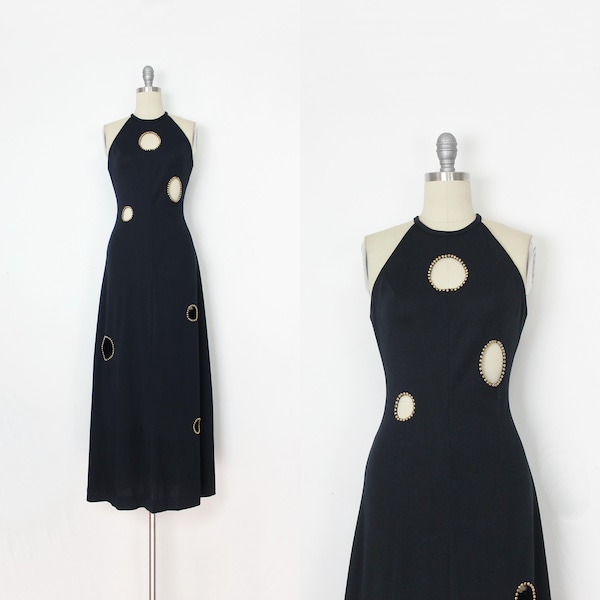 vintage 70s cut out dress / 1970s MR BOOTS dress / black halter maxi dress / black gold maxi dress / studded dress / 1970s maxi dress