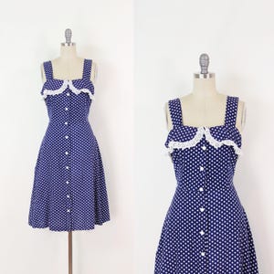 vintage 60s polka dot dress / 1960s sundress / blue white polka dot dress / cotton lace dress / button front dress / 60s summer dress