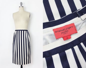 vintage striped pencil skirt / UNGARO skirt / 1980s striped skirt / navy white stripe skirt / nautical skirt / vintage striped skirt