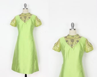 vintage 60s sequin dress / 1960s lime green dress / 1960s party dress / beaded 60s dress / spring shantung dress