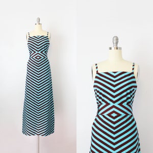 vintage 1960s MARIMEKKO dress / 1960s chevron striped dress / cotton striped maxi dress / brown aqua blue dress / vuokko designer dress