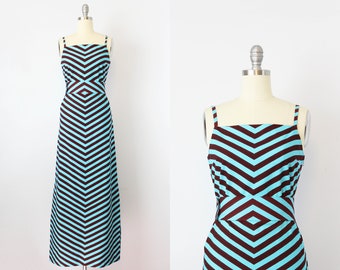 vintage 1960s MARIMEKKO dress / 1960s chevron striped dress / cotton striped maxi dress / brown aqua blue dress / vuokko designer dress