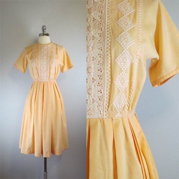 vintage 50s dress / peach / cotton / embroidered / eyelet / floral / Peaches and Cream dress