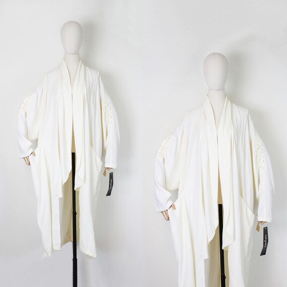 vintage cocoon duster / 1990s draped duster jacket / cream white duster coat / deadstock 90s / big pocket coat / avant garde duster