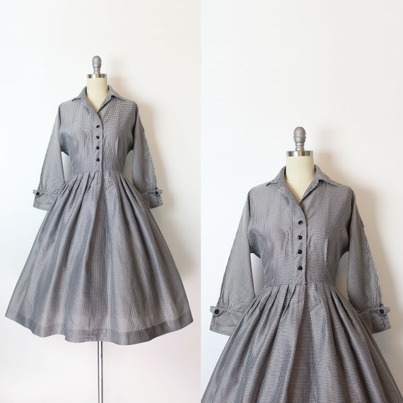 vintage 50s dress / 1950s gingham dress / grey whi