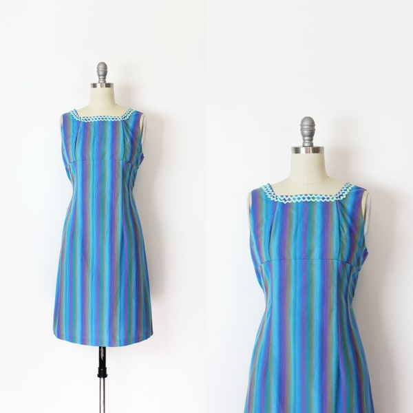vintage 60s dress / 1960s striped shift dress / mod striped dress / rainbow striped dress / blue purple dress / rik rak trim dress