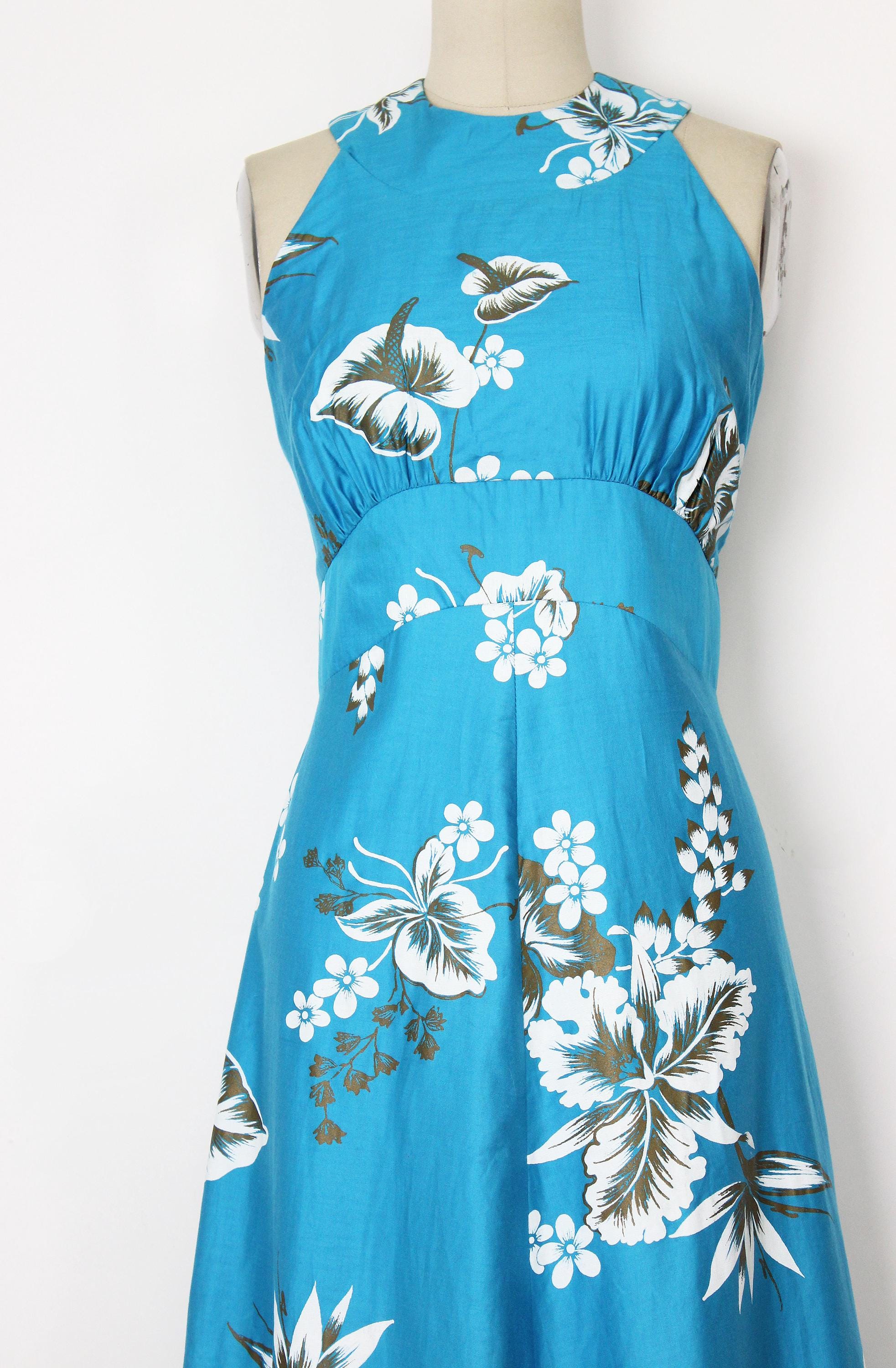 Vintage 70s Hawaiian Floral Dress / Paradise Hawaii Dress / Blue White ...