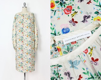 vintage GEOFFREY BEENE dress / 1980s butterfly dress / silk cloque dress / silk sack dress / designer silk dress / floral silk midi dress