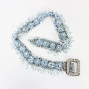 vintage 60s beaded belt / 1960s beaded rhinestone belt / beaded wedding belt / blue silver belt / beaded fringe belt / floral beaded belt