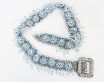 vintage 60s beaded belt / 1960s beaded rhinestone belt / beaded wedding belt / blue silver belt / beaded fringe belt / floral beaded belt
