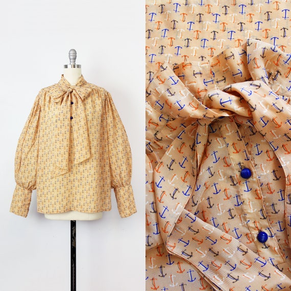 vintage 70s blouse / 1970s anchor print blouse / t