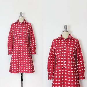 vintage 60s MARIMEKKO dress / 1960s print cotton dress / vintage shirt dress / red white cotton dress / Design Research dress
