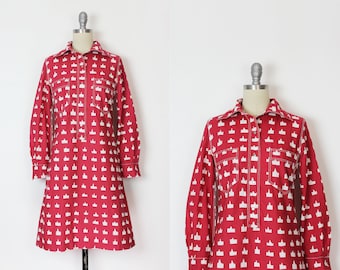 vintage 60s MARIMEKKO dress / 1960s print cotton dress / vintage shirt dress / red white cotton dress / Design Research dress