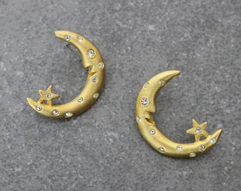 vintage moon and star earrings / golden moon earrings / rhinestone moon earrings / celestial earrings / moon face earrings