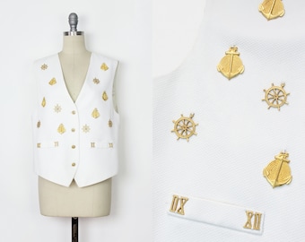 vintage nautical vest / 1980s charm vest / white gold vest / novelty vest / white cotton vest / anchor ship boat vest / 1980s nautical top