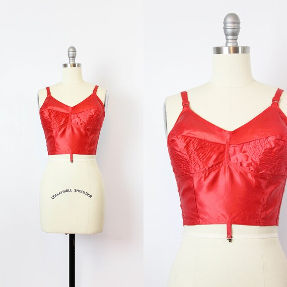 vintage 50s bra / 1950s red satin bullet bra / long line bra / | Etsy