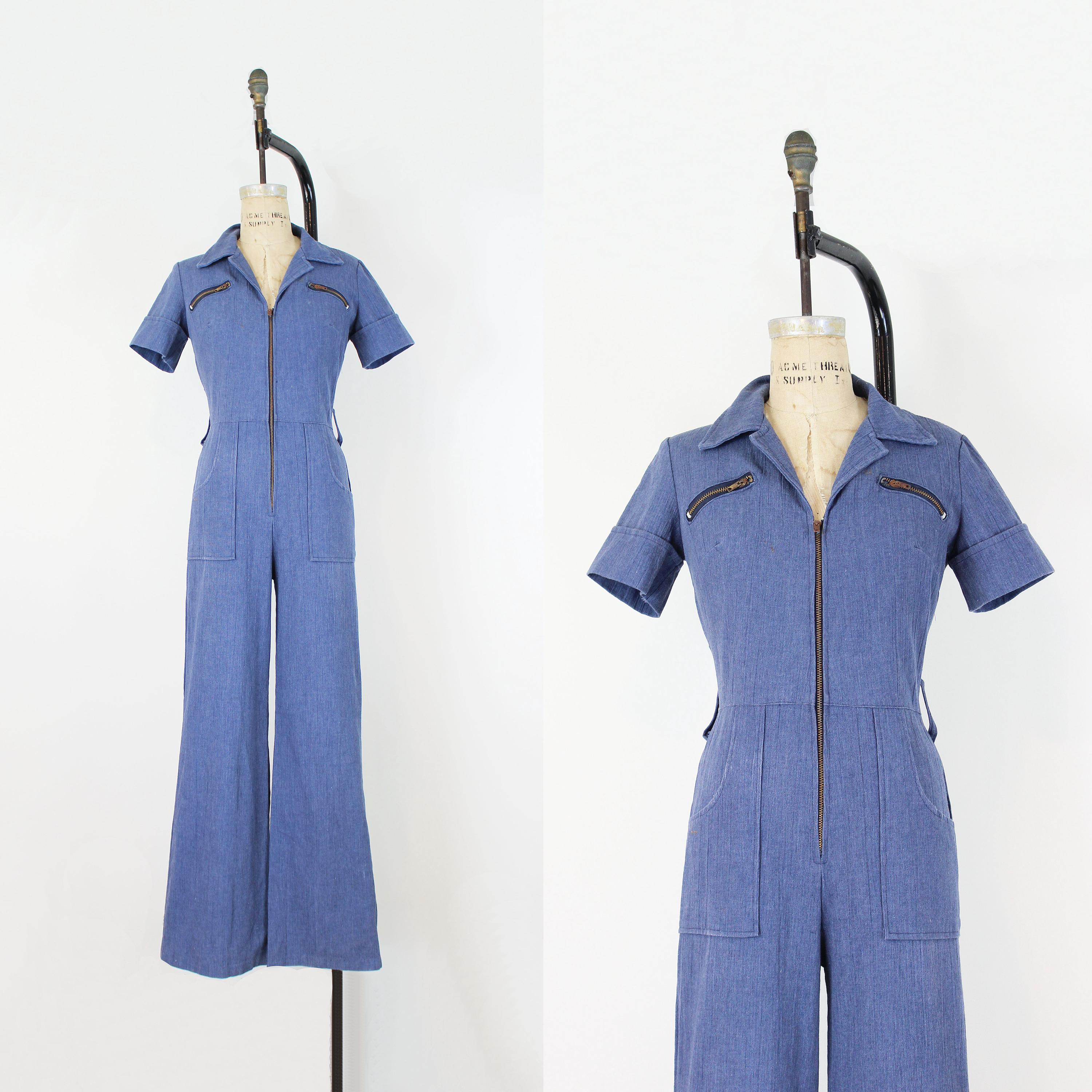 70s ジャンプスーツ ヴィンテージ 70 年代ジャンプスーツ / 1970 年代ジップフロント