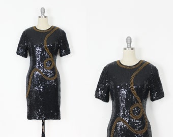 vintage sequined dress / 1980s sequin party dress / black gold sequin dress / beaded party dress / new years dress / holiday dress