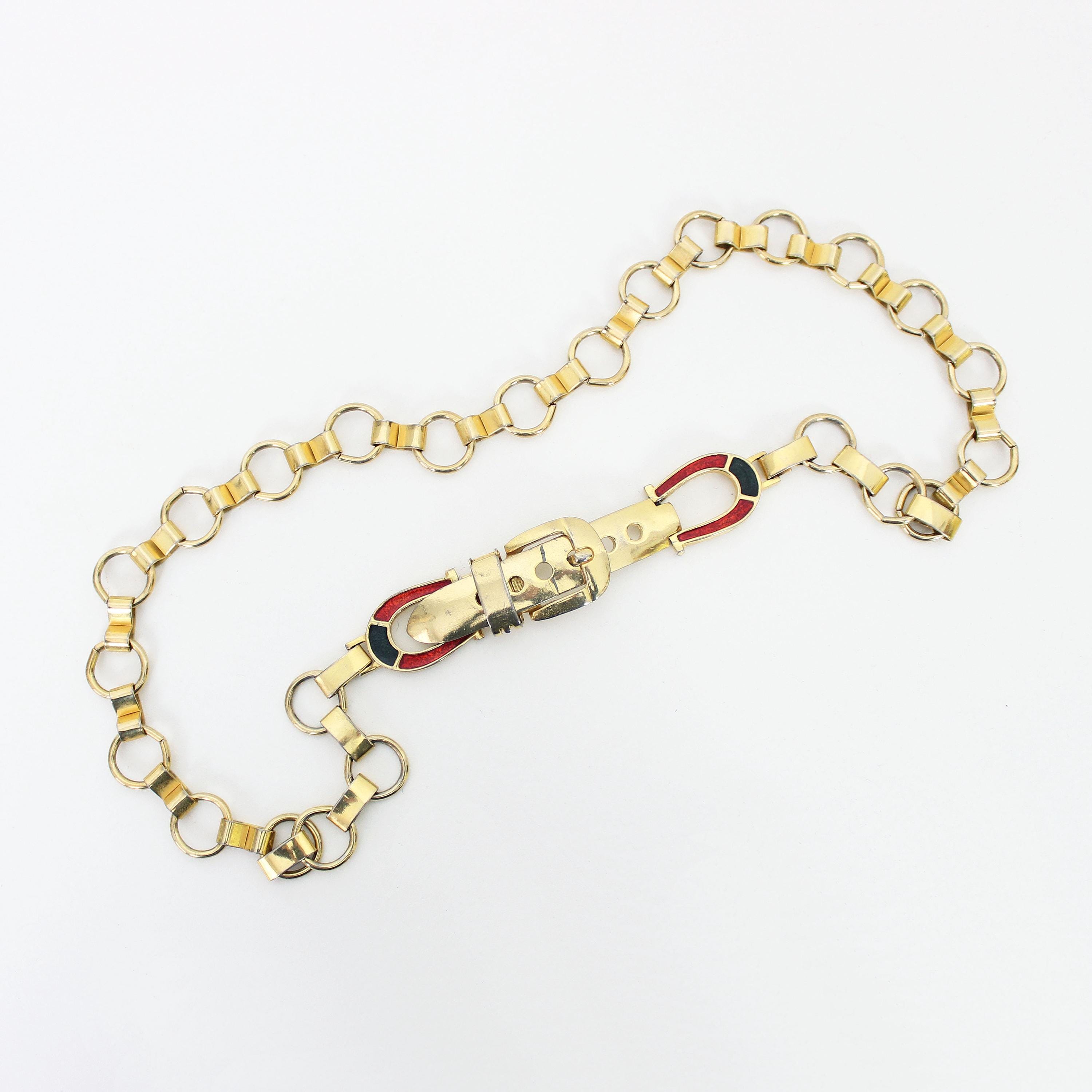 vintage 70s chain link belt / 1970s metal chain belt / horse shoe belt / equestrian belt / 1970s equestrian fashion / enamel metal belt