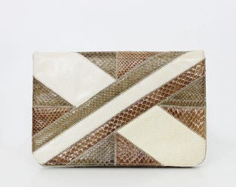 vintage leather clutch / 1970s  snakeskin clutch / lizard reptile clutch purse / pebbled leather clutch  / vintage striped clutch