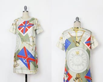 vintage HERMES scarf dress / nautical silk dress / silk shift dress / silk scarf dress / designer scarf dress / sextants scarf dress