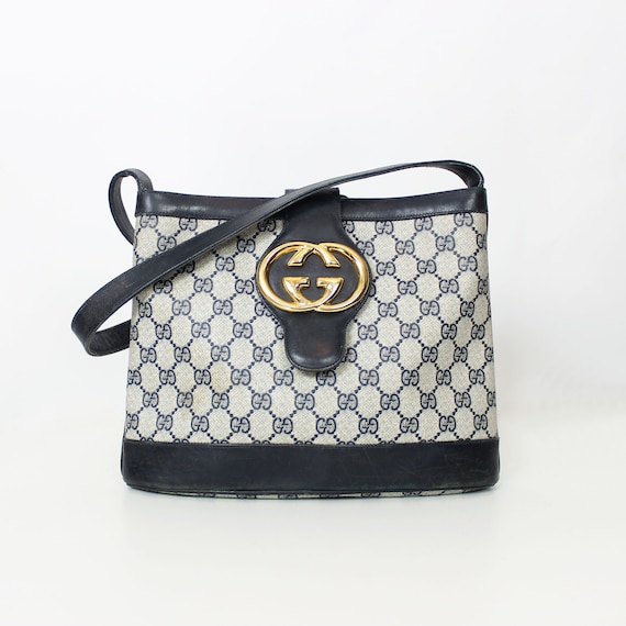 Vintage 70s GUCCI Bag / 1970s Gucci Leather Canvas Logo Bag / 