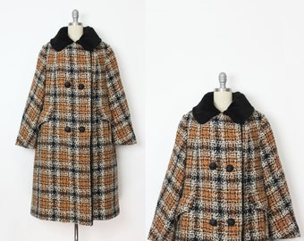 vintage 60s plaid wool coat / 1960s wool coat / faux fur lined coat / brown black plaid coat / vintage wool midi coat / vintage winter coat