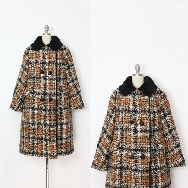 vintage 60s plaid wool coat / 1960s wool coat / faux fur lined coat / brown black plaid coat / vintage wool midi coat / vintage winter coat