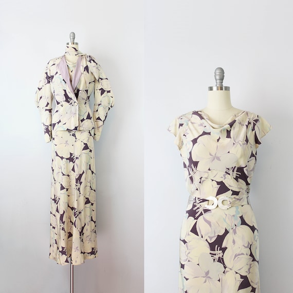 vintage 30s dress / 1930s floral silk dress / rare