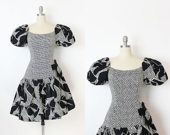 vintage 80s dress / 1980s VICTOR COSTA dress / puff sleeve dress / black white party dress / polka dot floral dress / spring party dress