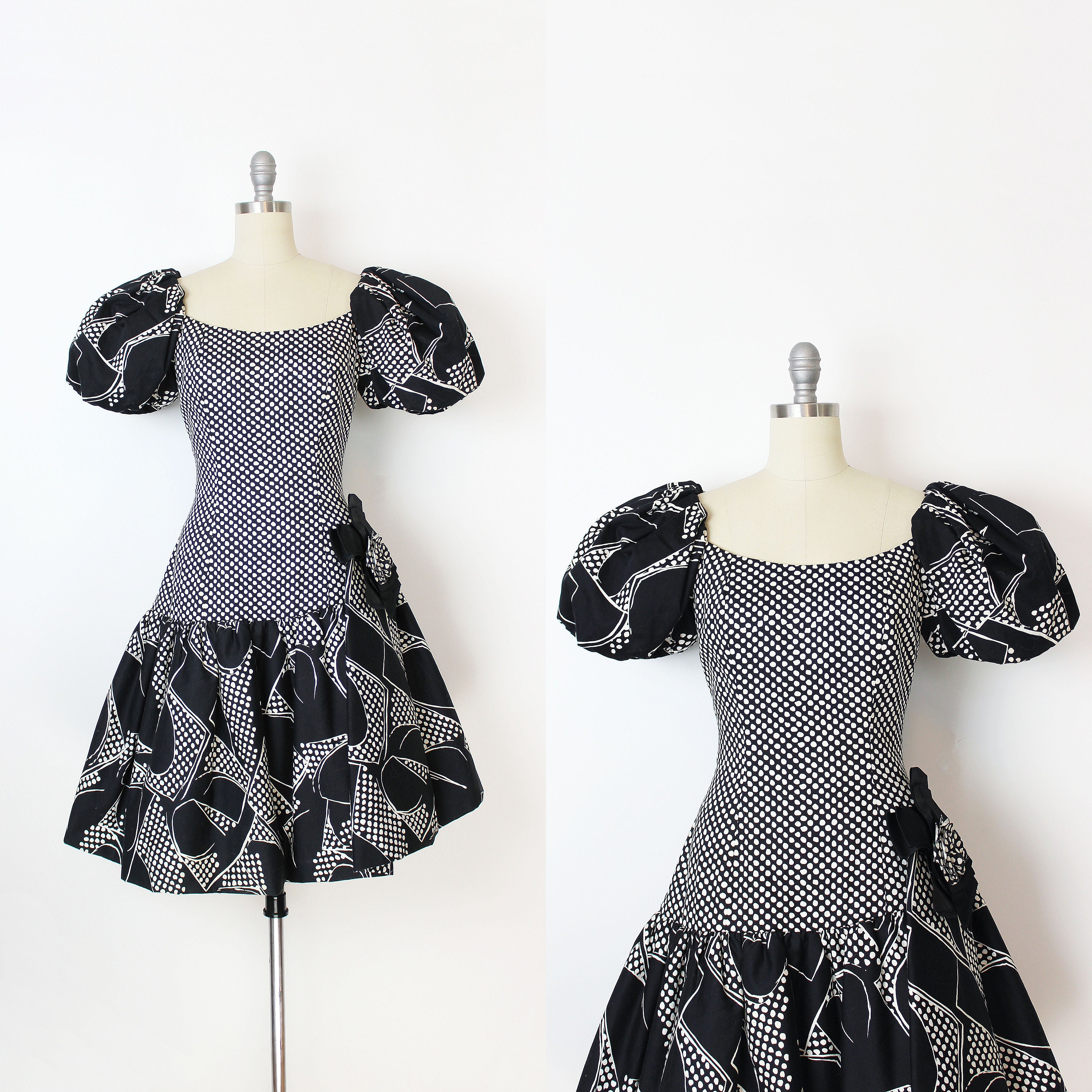 Vintage 80S Dress/1980S Victor Costa Puff Sleeve Black White Party Polka Dot Floral Spring