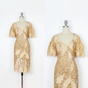 vintage 80s LILLIE RUBIN dress / 1980s beaded sequined dress / champagne sequin dress / iridescent beaded dress / vintage wedding dress