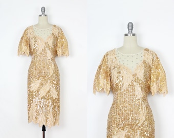 sukienka LILLIE RUBIN z lat 80. / sukienka z cekinami i koralikami z lat 80. / sukienka z cekinami w kolorze szampana / mieniąca się sukienka z koralikami / suknia ślubna w stylu vintage