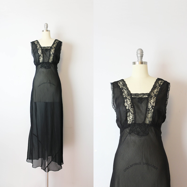 vintage 40s nightgown 1940s sheer black nightgown black lace bias cut nightgown sheer black slip dress 1940s boudoir sleepwear