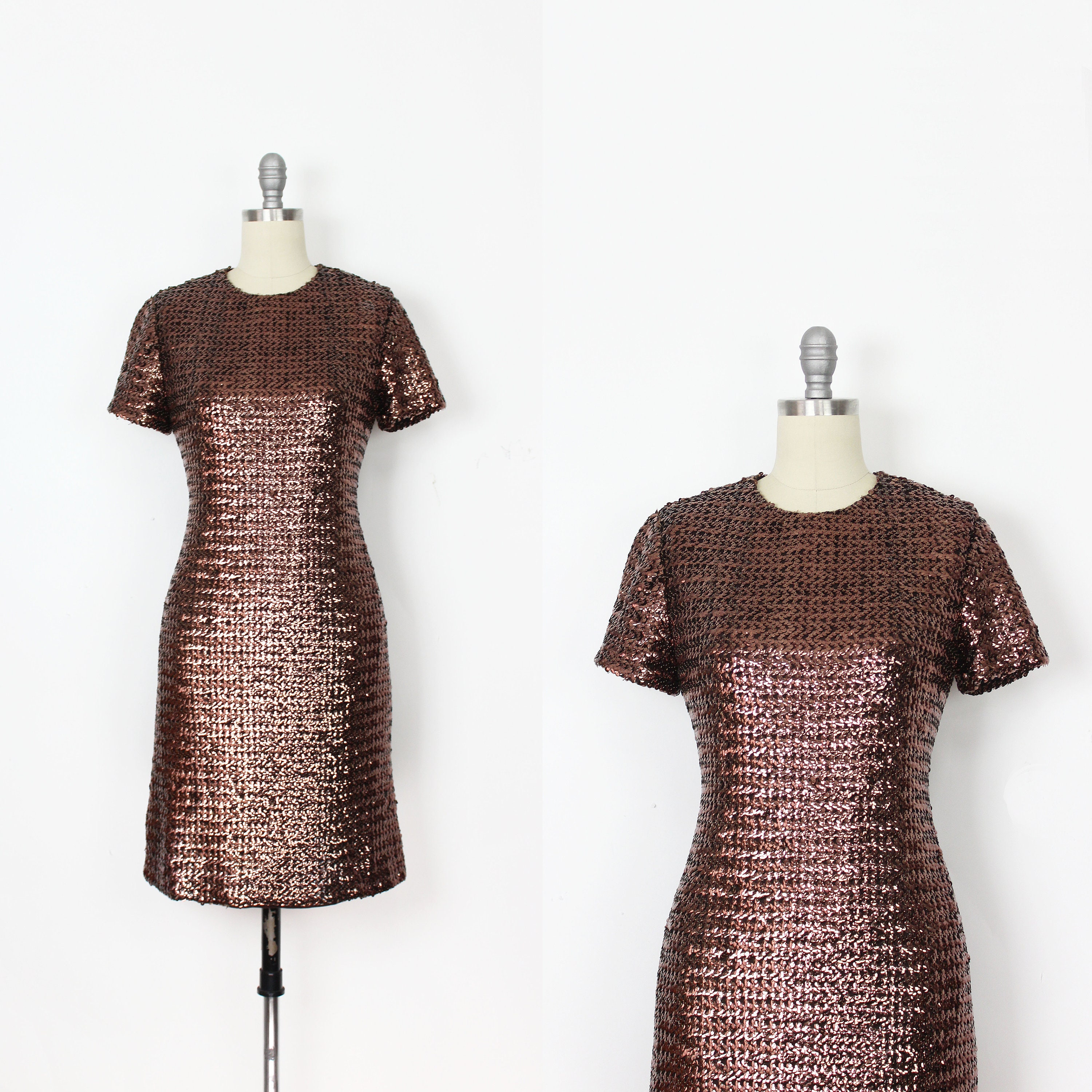 vintage 60s sequin dress / 1960s metallic dress / 1960s party dress / copper sequined dress / sequined shift dress / holiday dress
