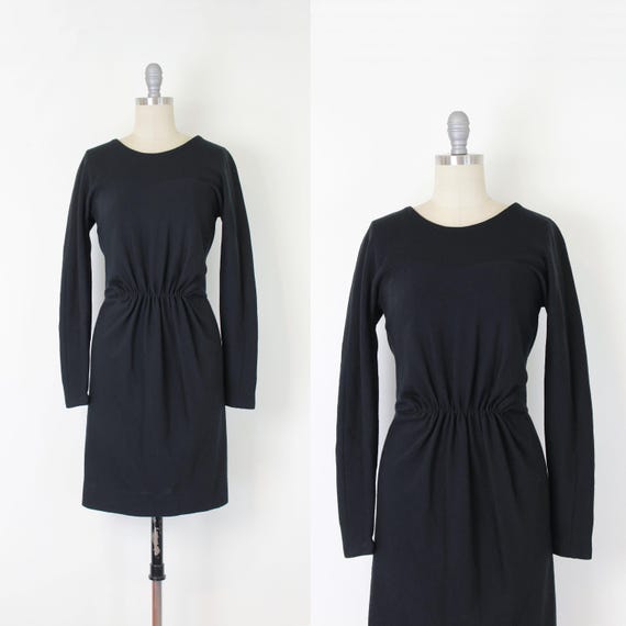 Geoffrey Beene, vintage 80s GEOFFREY BEENE dress / 1980s designer dress / black wool jersey dress / ruched waist dress / gathered dress / minimalist dress