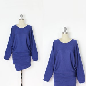 vintage 80s VERSACE knit dress / 1980s Gianni Versace mini dress / draped knit dress / asymmetric knit dress / purple knit dress