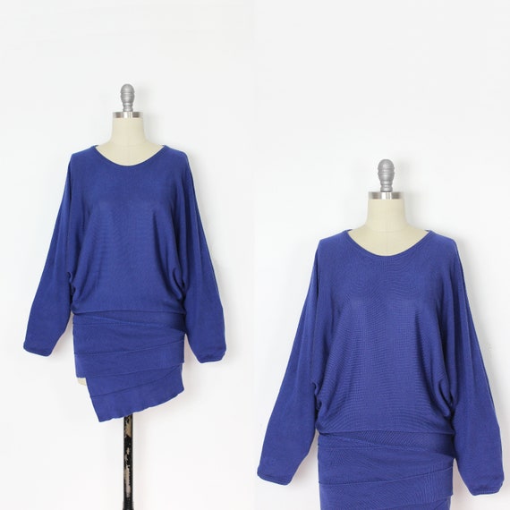 vintage 80s VERSACE knit dress / 1980s Gianni Versace mini dress / draped knit dress / asymmetric knit dress / purple knit dress