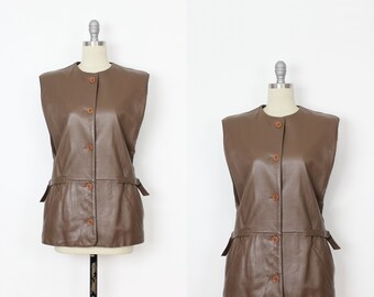 vintage Italian leather tunic / leather top / 1980s leather tunic / brown leather vest / luxe leather vest / sleeveless leather jacket