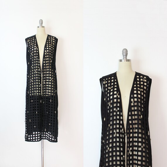 vintage 80s cage duster / 1980s black open weave d