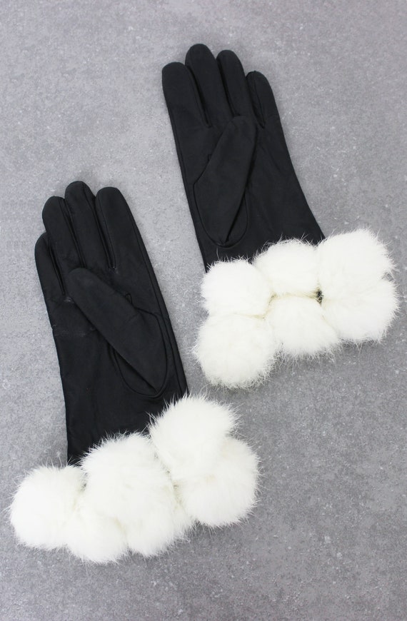 vintage leather fur gloves / fur pom pom gloves /… - image 5