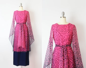 vintage 70s dress / 1970s chiffon dress / draped statement sleeve dress / pink blue dress / animal print chiffon dress / AJ Bari dress