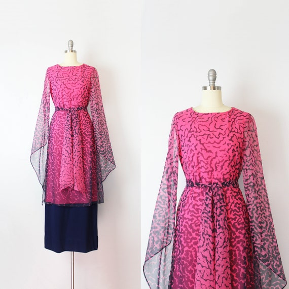 vintage 70s dress / 1970s chiffon dress / draped … - image 1