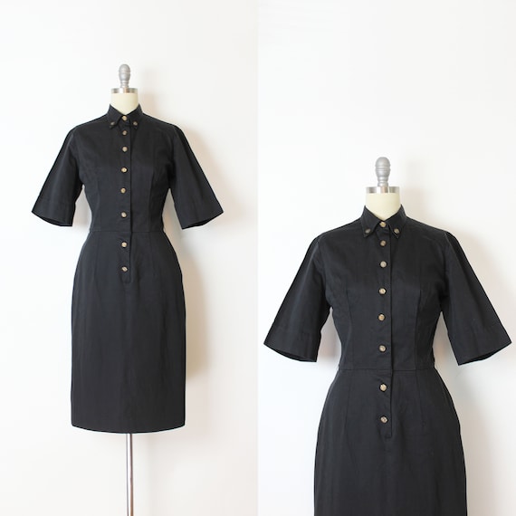 vintage 50s dress / 1950s black cotton wiggle dres