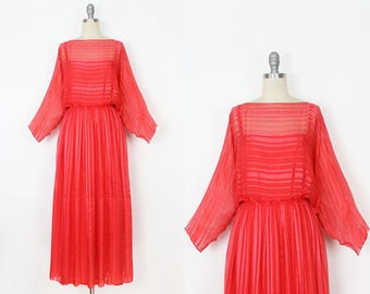 ヴィンテージ 70 年代 シフォン ドレス / 1970 年代 ADELE SIMPSON ドレス / 赤いシフォン ドレス / 透け感のあるストライプ ドレス / ストライプ シフォン ドレス / 1970 年代 ドレス セット