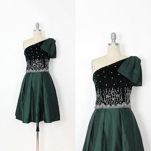 vintage 70s RICHILINE dress / green velvet dress / rhinestone dress / beaded velvet dress / one shoulder dress / holiday party dress