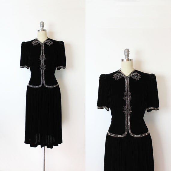 vintage 40s dress / 1940s beaded black velvet dres