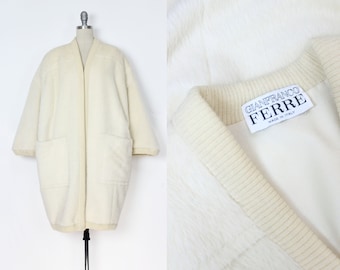vintage GIANFRANCO FERRE coat / 1980s cocoon coat / vintage teddy coat / shag wool alpaca coat / cream wool coat / cuddle coat