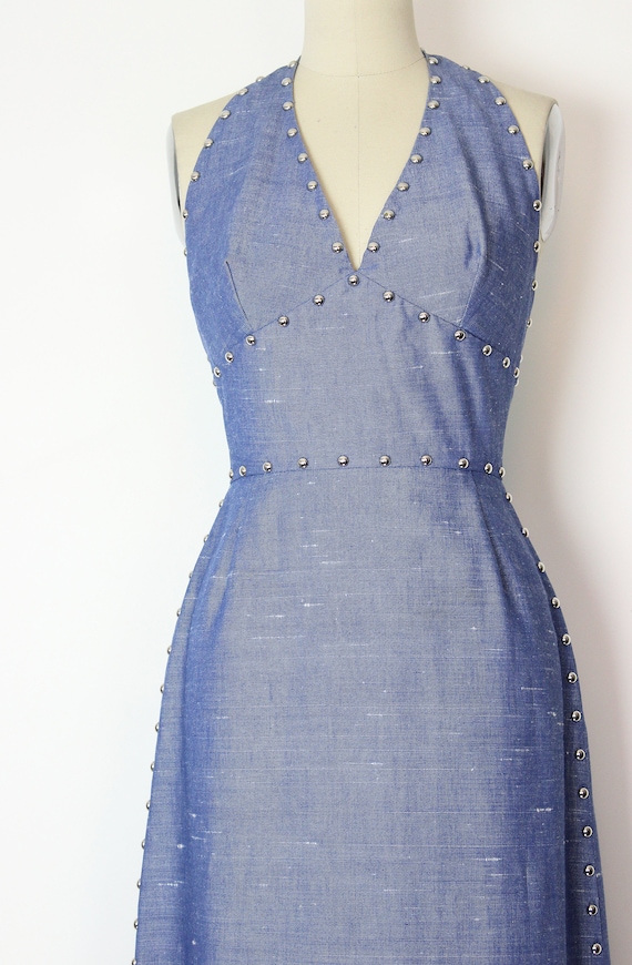 vintage 70s chambray dress / 1970s studded maxi d… - image 5